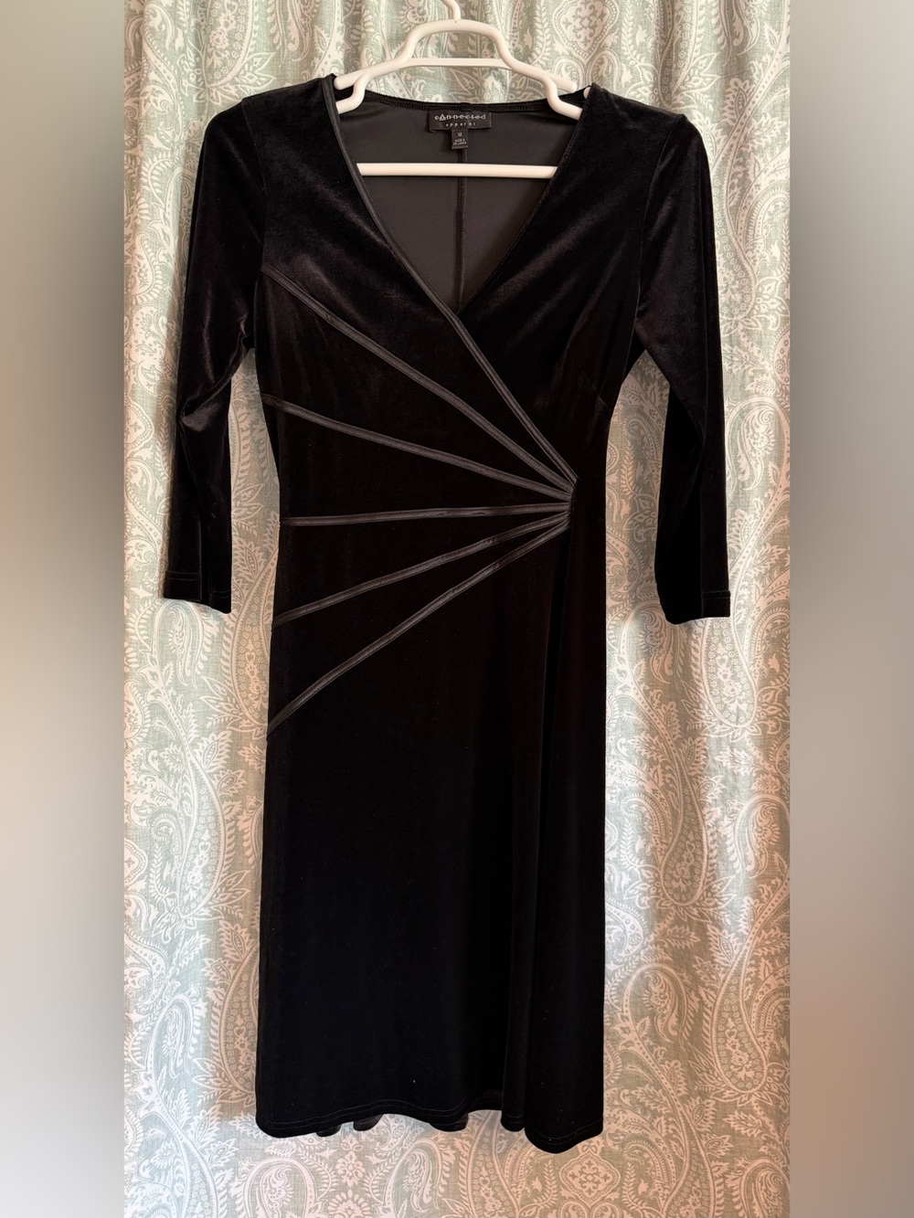 connected apparel Black Velvet Wrap-Effect Long Sleeve Dress